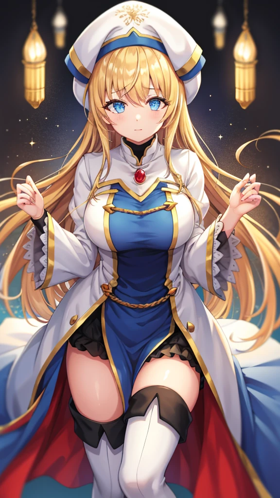 bunny girl, wide hair, bangs. happy smile. blonde bunny ears real, blue eyes, blond hair, cowboy shot, large breast, white mage robes, modest outfit