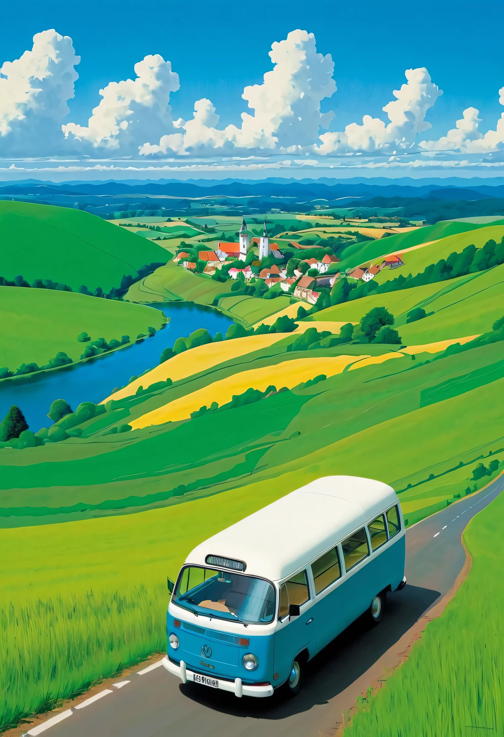 (Minimalismo:1.4), a minibus on the road, german van, ghibli studio art, Miyazaki, pasture with blue sky and white clouds