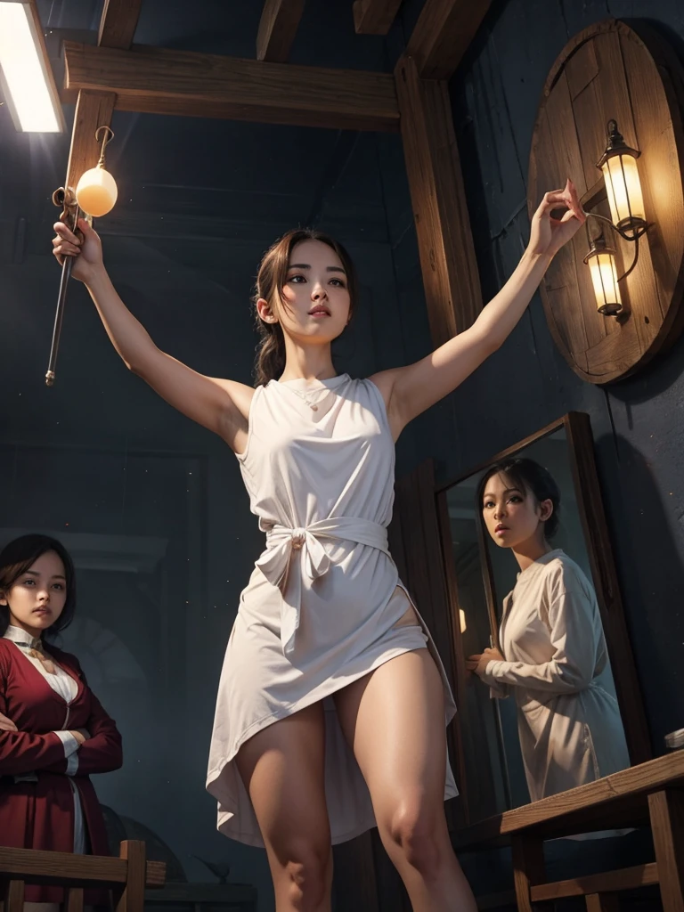 The highest quality shooting　、Party Venue　, 、、、audience、、stage　、Cowboy Shot、、Facing to the side、Looking away 、、(((Two Women)))、People dressed in formal clothes、brightly lit room、tiny chest　　、White sheer bodysuit　、the body is hoisted　、Tied with a rope　、White bodysuit　、Cowboy Shot、　Open your legs from side to side　、hiding chest with hands　、Man with a noose、　Looking away　、Hands tied with ropes　、  collars with chains　　　、blushed face,　Bright lighting　, chains , Spectators , cages　, stage, Wet skin ,(((bound breast))) 　,noose　 , Sad look　, long　,Full-body lens photo seen from below　, A dark-haired　, shining beautiful skin, Sweat, collar and chain accessories, beautiful black pupil and hair, Detailed expression, Beautiful eyes