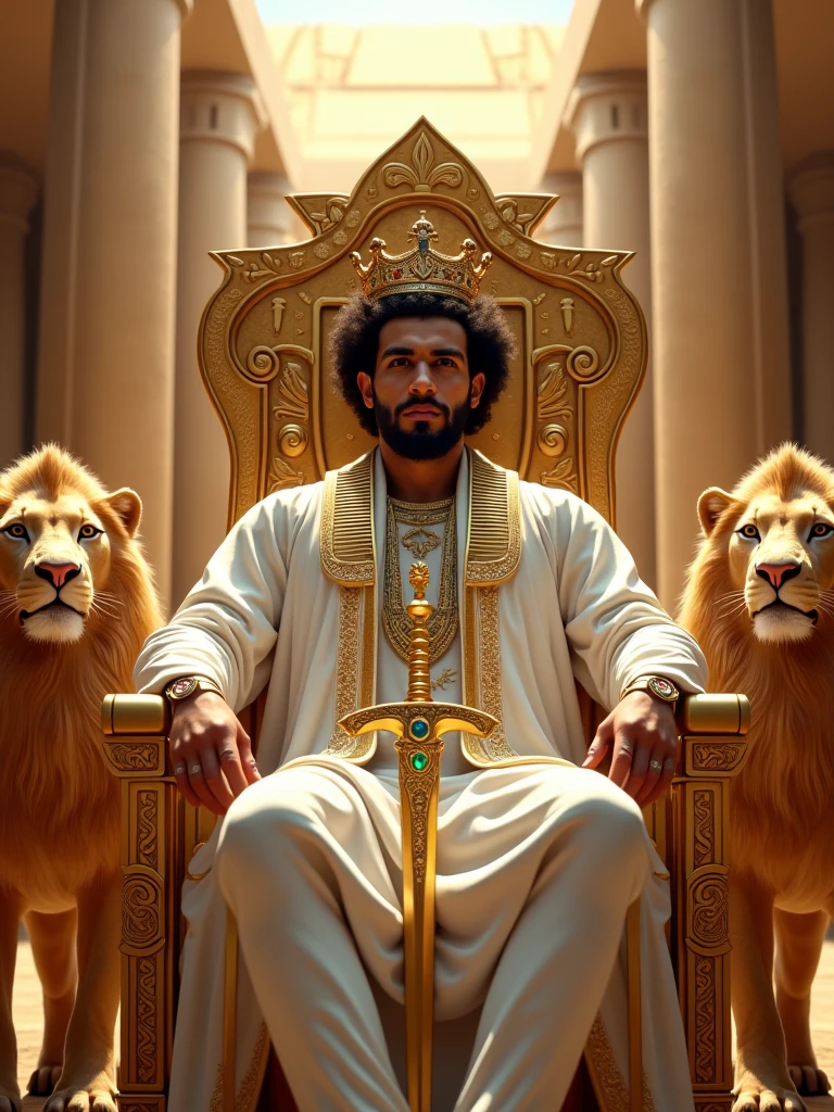 A handsome handsome man without a shirt wearing a golden pants with a crown sitting on a king&#39;s chair, thin and white skinned, in the desert with a desert palm tree behind a lake and a peacock with two leopards at his side, a rug under his feet, two men looking at him, blowing on him with the palm leaf