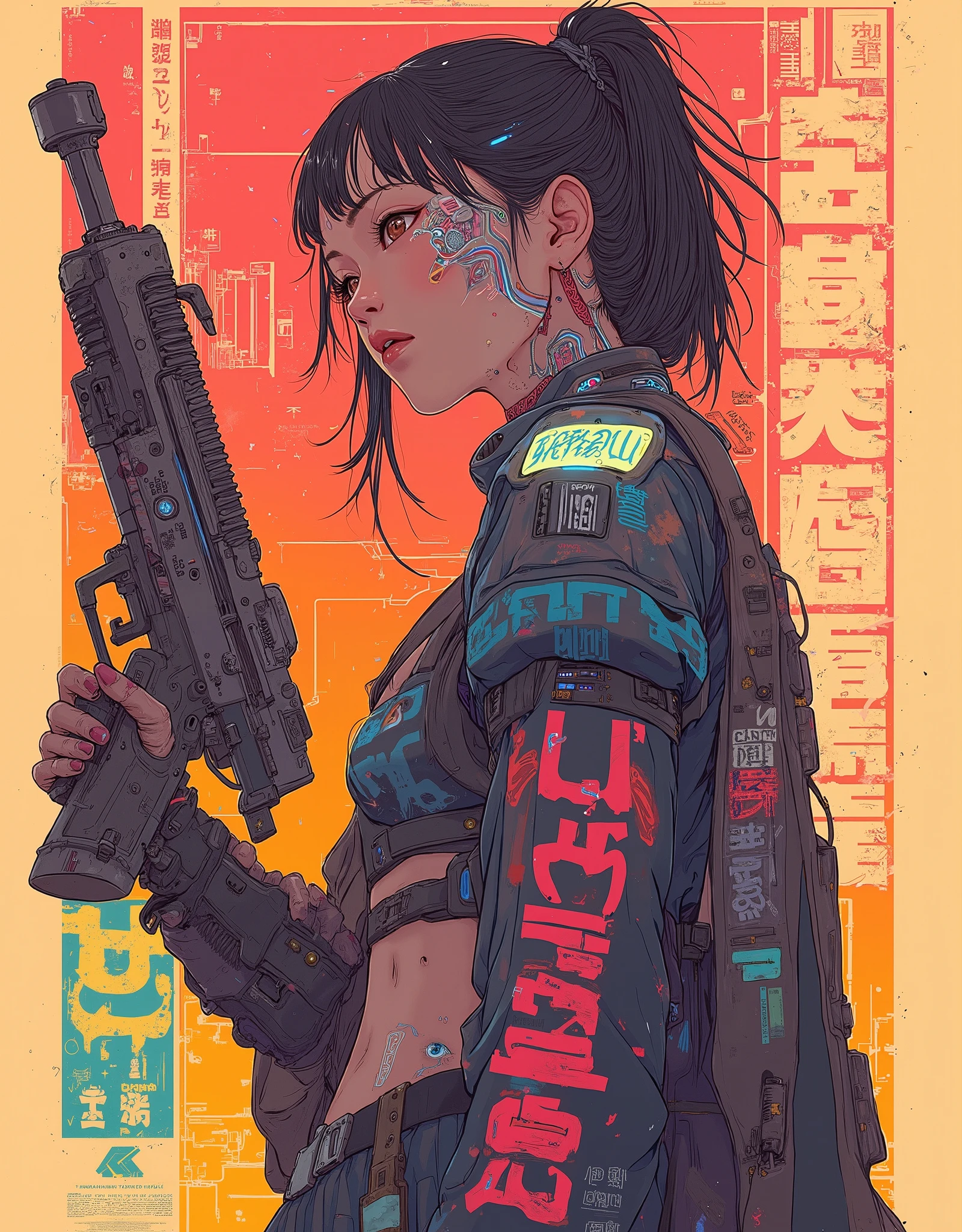 (best quality, sketch:1.2),realistic,illustrator,anime, Woman with tattoos on her arms and chest, Cyberpunk art inspired by Masamune Shirow, Art Station, Gothic art, Then Martin, Then Martin artwork portrait, Frank Cho, ArtJam and ilya kuvshinov, Chris Moore. ArtJam, ArtJam greg rutkowski _ greg, shohei otomo black and red gradient background,neon hair,textured cropping, masterpiece, style retro classic, noir style , Japanese style, ((monochrome)) cleavage, crop top