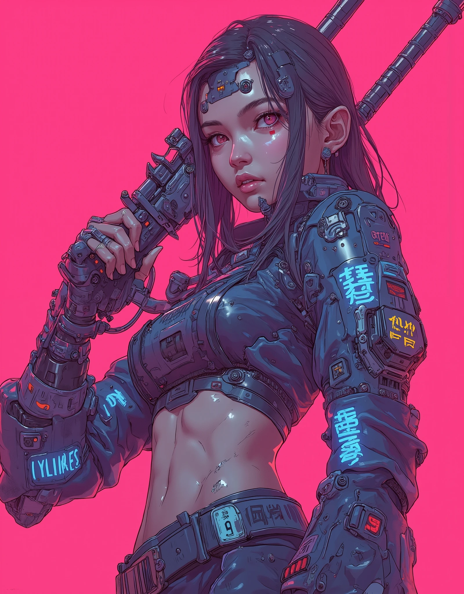 ((anime art style illustration) of (perfect Asian cyberpunk girl holding a rifle))), (((wearing incredibly detailed Harajuku clothing))), ((LED lights)), (((dynamic pose))), warm colours, perfect features, abstract beauty, near perfection, pure form, concept art, intricate detail, 8k post-production, High resolution, super Detail, trending on ArtStation, sharp focus, studio photos.