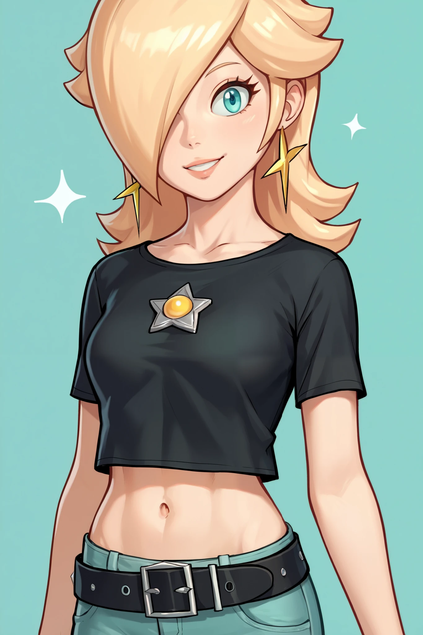 score_9, score_8_up, score_7_up, source_anime, rosalina, blonde hair, long hair, star earrings, solo, cowboy shot, black t-shirt, taut clothes, tight shirt, midriff, navel, jeans, black belt, smile, close-up, head out of shot