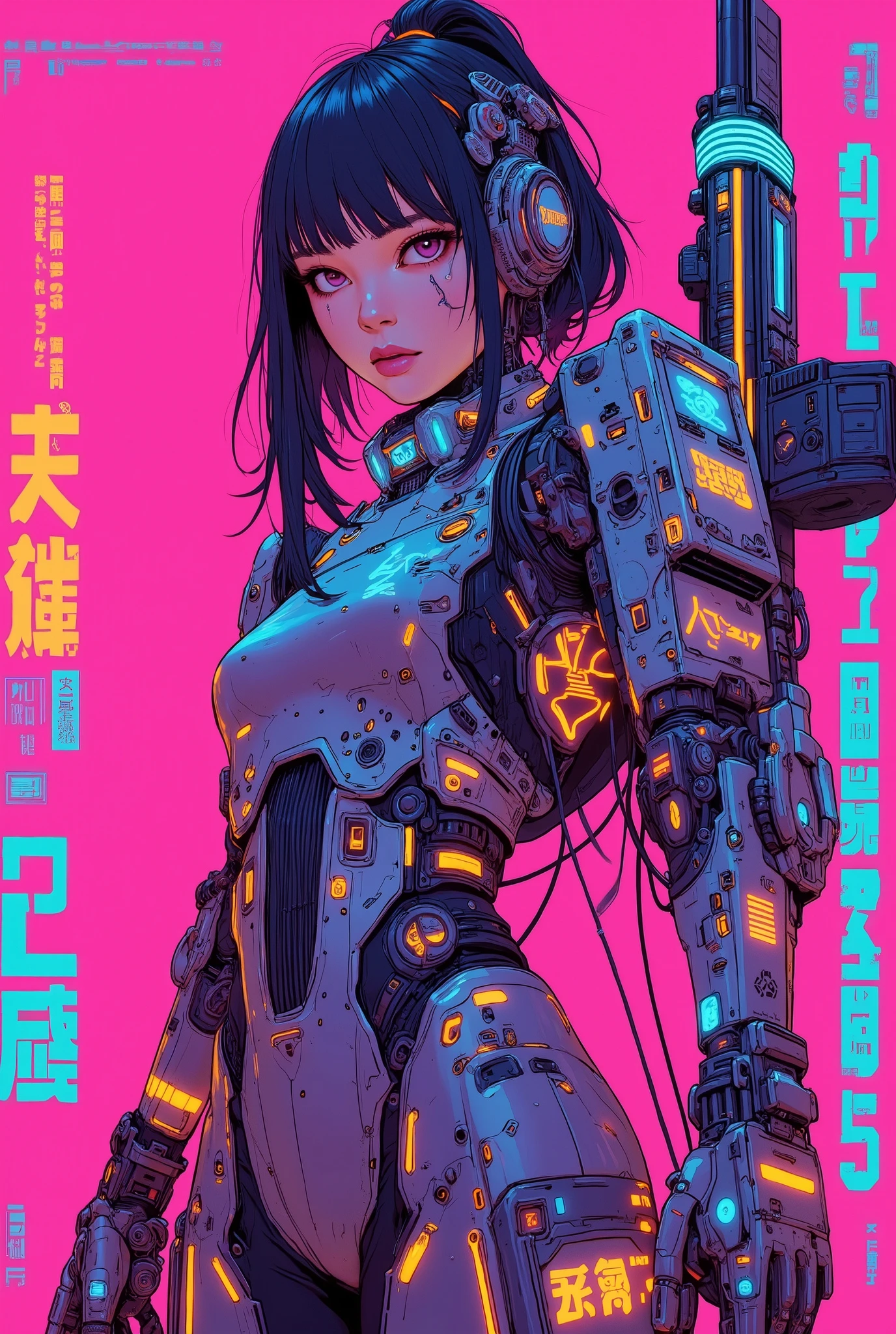 ((anime art style illustration) of (perfect Asian cyberpunk girl holding a rifle))), (((wearing incredibly detailed Harajuku clothing))), ((LED lights)), (((dynamic pose))), warm colours, perfect features, abstract beauty, near perfection, pure form, concept art, intricate detail, 8k post-production, High resolution, super Detail, trending on ArtStation, sharp focus, studio photos.