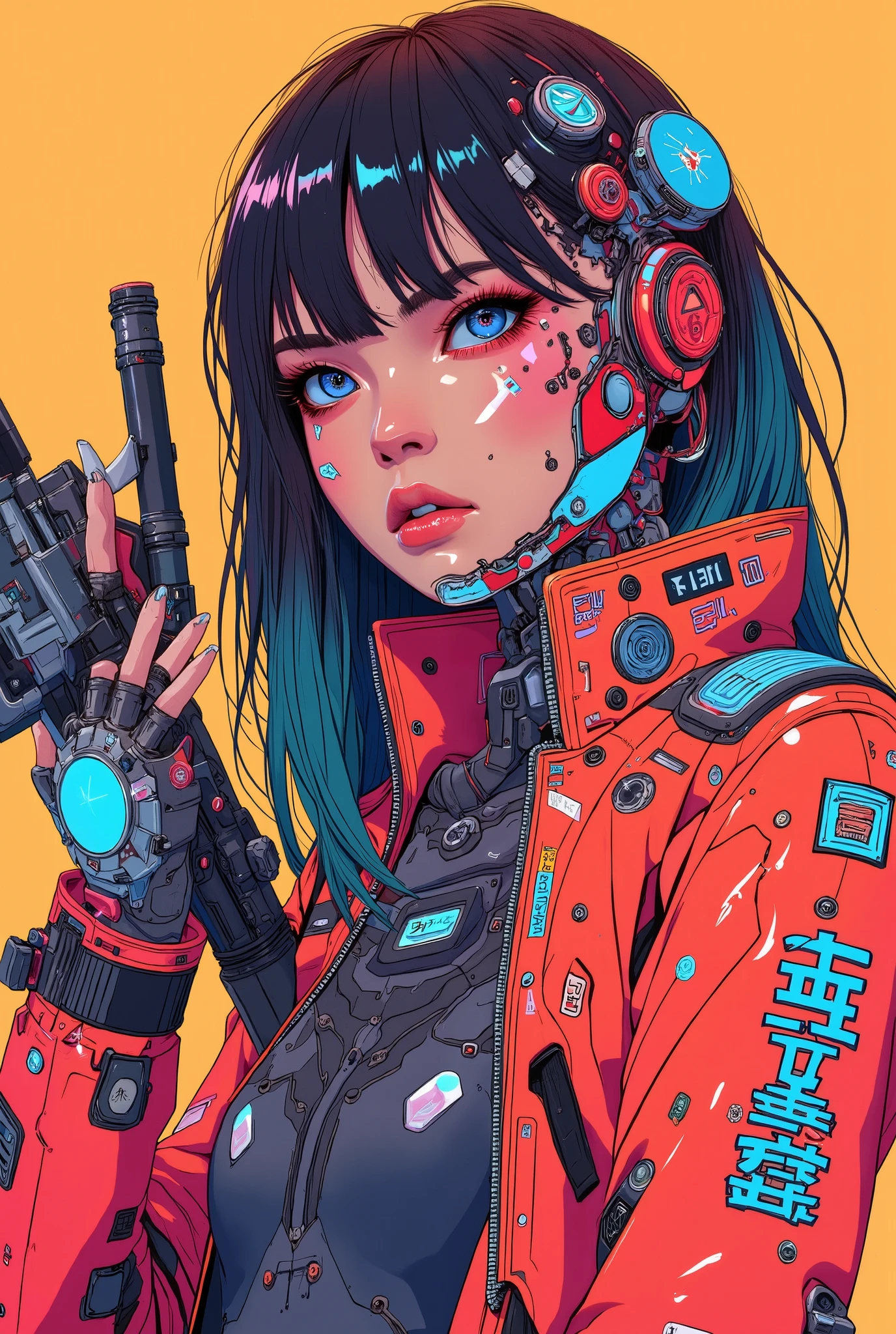 ((anime art style illustration) of (perfect Asian cyberpunk girl holding a rifle))), (((wearing incredibly detailed Harajuku clothing))), ((LED lights)), (((dynamic pose))), warm colours, perfect features, abstract beauty, near perfection, pure form, concept art, intricate detail, 8k post-production, High resolution, super Detail, trending on ArtStation, sharp focus, studio photos.