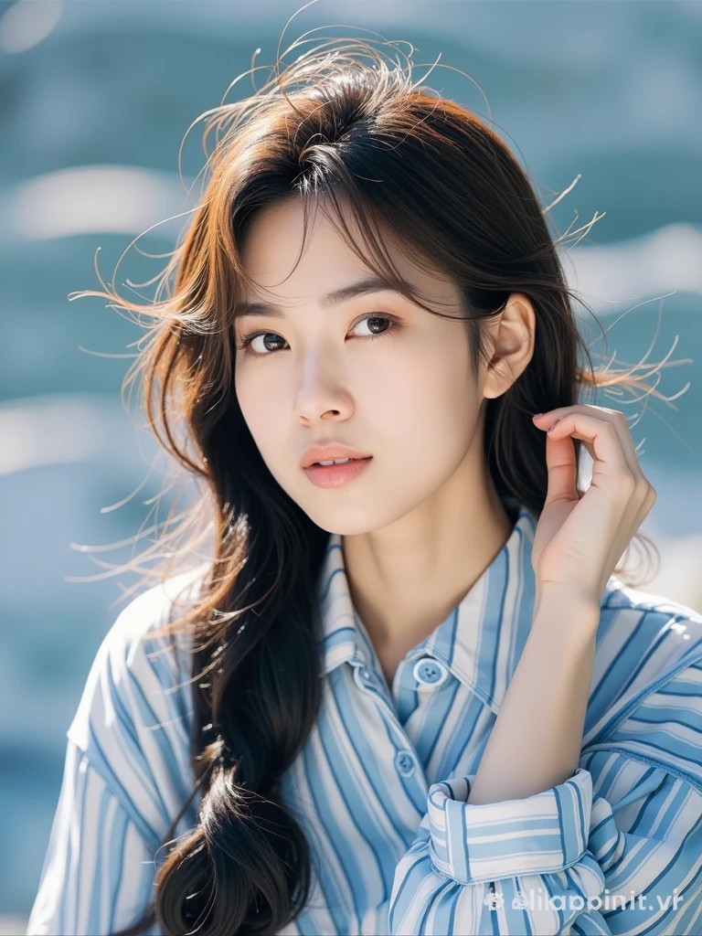 8K RAW Photos, Highest quality, masterpiece, Ultra-high resolution, 3d, Realistic, One girl, Asian, black_hair, White Dress, length_hair, nose, , neckerchief, Natural skin texture, light brown_eye, detailed eyes and face, lips, lipstick, smile, Beautiful feet, Huge breasts, Beautiful seaside location, (Detailed Background), White Dress, White shirt, Blurred Background, Short sleeve