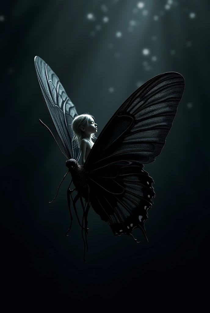 a group of humans with dark butterfly wings ((flying with their heads downwards )) in a semi-cloudy dark fantasy sky, intricate detailed butterfly wings, dramatic lighting, cinematic composition, dramatic atmosphere, surreal fantasy world, moody tones, cold colors