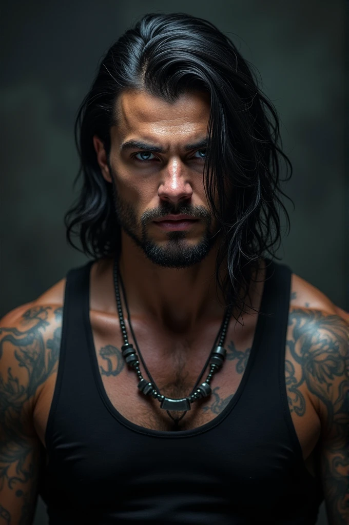 a tall muscular man with tattoos, beautiful green eyes, shoulder length black hair, white skin, (best quality,4k,8k,highres,masterpiece:1.2),ultra-detailed,(realistic,photorealistic,photo-realistic:1.37),extremely detailed, hyper realistic, photorealistic, handsome, attractive, sexy