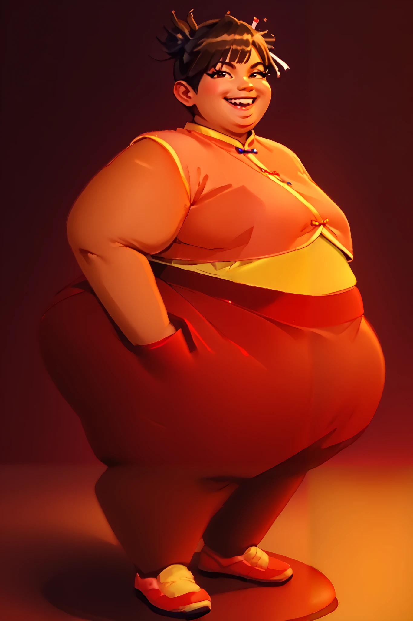 masterpiece, best quality, score_9, score_8_up, score_7_up, source_anime, full body, 1girl, Asian, brown skin, midriff, smug, smile