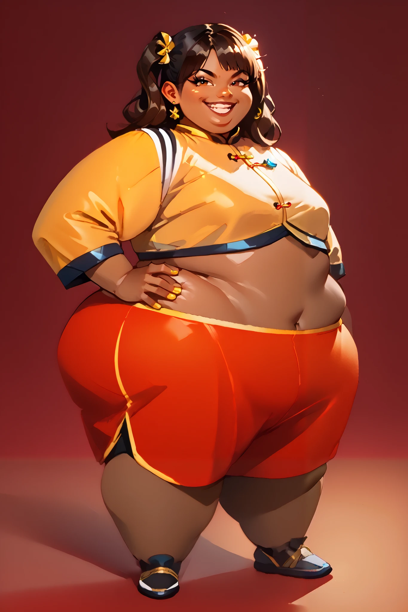 masterpiece, best quality, score_9, score_8_up, score_7_up, source_anime, full body, 1girl, Asian, brown skin, midriff, smug, smile