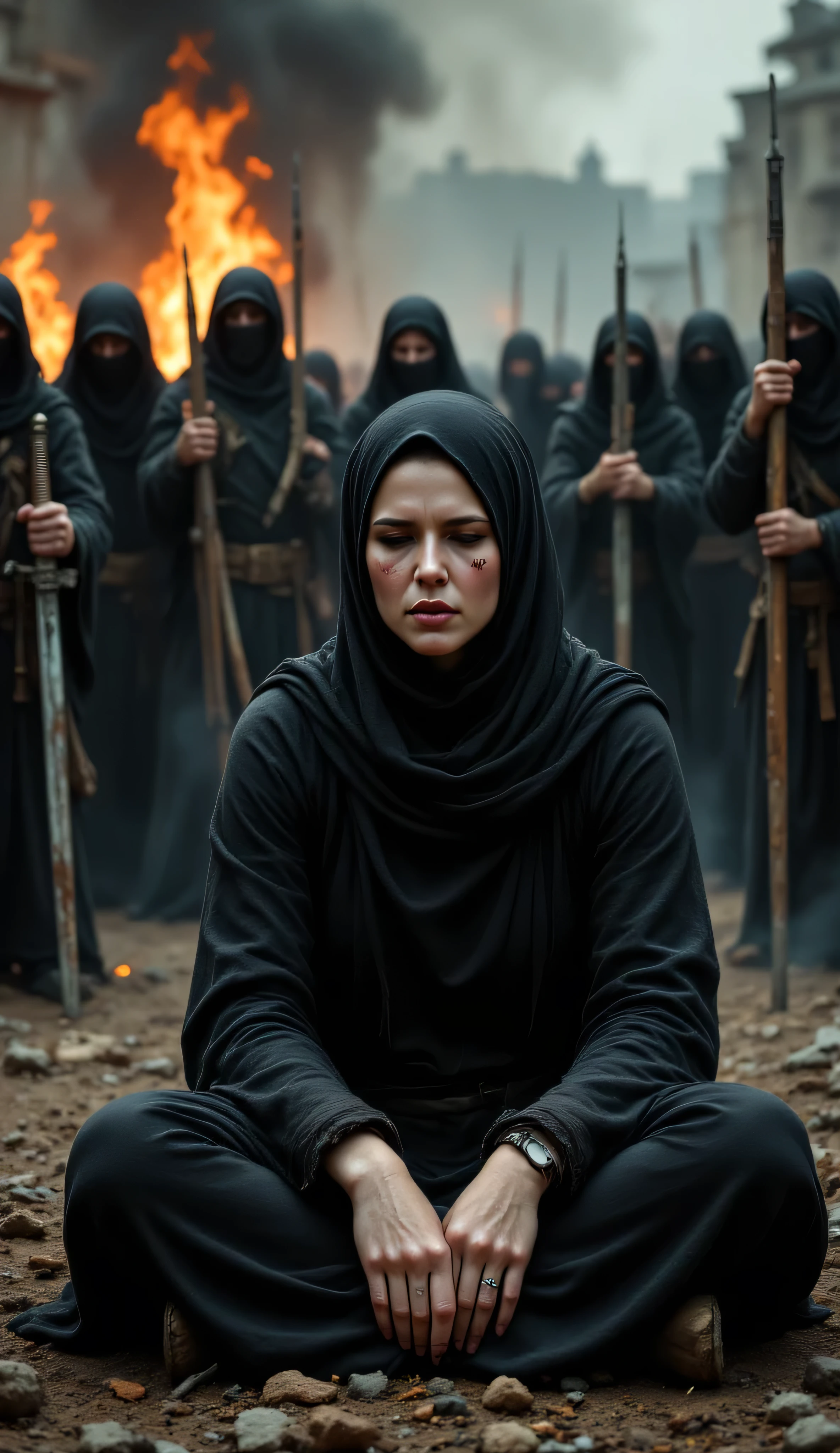 A village is seen, a woman wearing a hijab is sitting on the ground crying, tears are streaming down her face, behind the woman are many soldiers dressed in black holding the woman with swords in their hands, fires are burning and smoke is rising in the background,