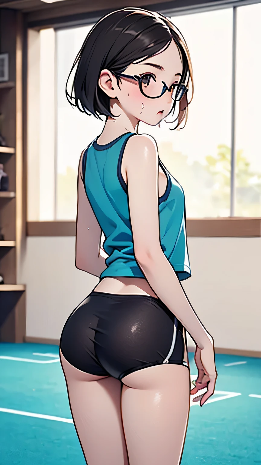 (masterpiece, best quality :1.2), Alone、( best quality :1.2), 8k, 1, 85mm,, RAW photo, ( full body shot , thighs, small tits, thighs, Groin, Butt), Beautiful Girl , ( Female Middle School Student, tank top gym clothes:1.1, Incurable bloomers), bob hair, short hair, without makeup, Round Glasses, FILM GRAIN, Color Difference, sharp concentration, face light, bright lighting, Young detailed face, painful expression, ( blurred background , School grounds, Running a marathon in physical education class, I'm short of breath, Hot summer day, sweaty skin,), back view