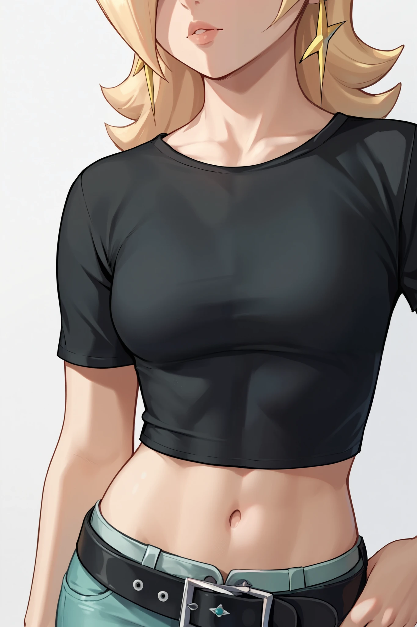 score_9, score_8_up, score_7_up, source_anime, rosalina, blonde hair, long hair, star earrings, solo, cowboy shot, black t-shirt, taut clothes, tight shirt, midriff, navel, jeans, black belt, close-up, head out of frame, hands tugging own belt