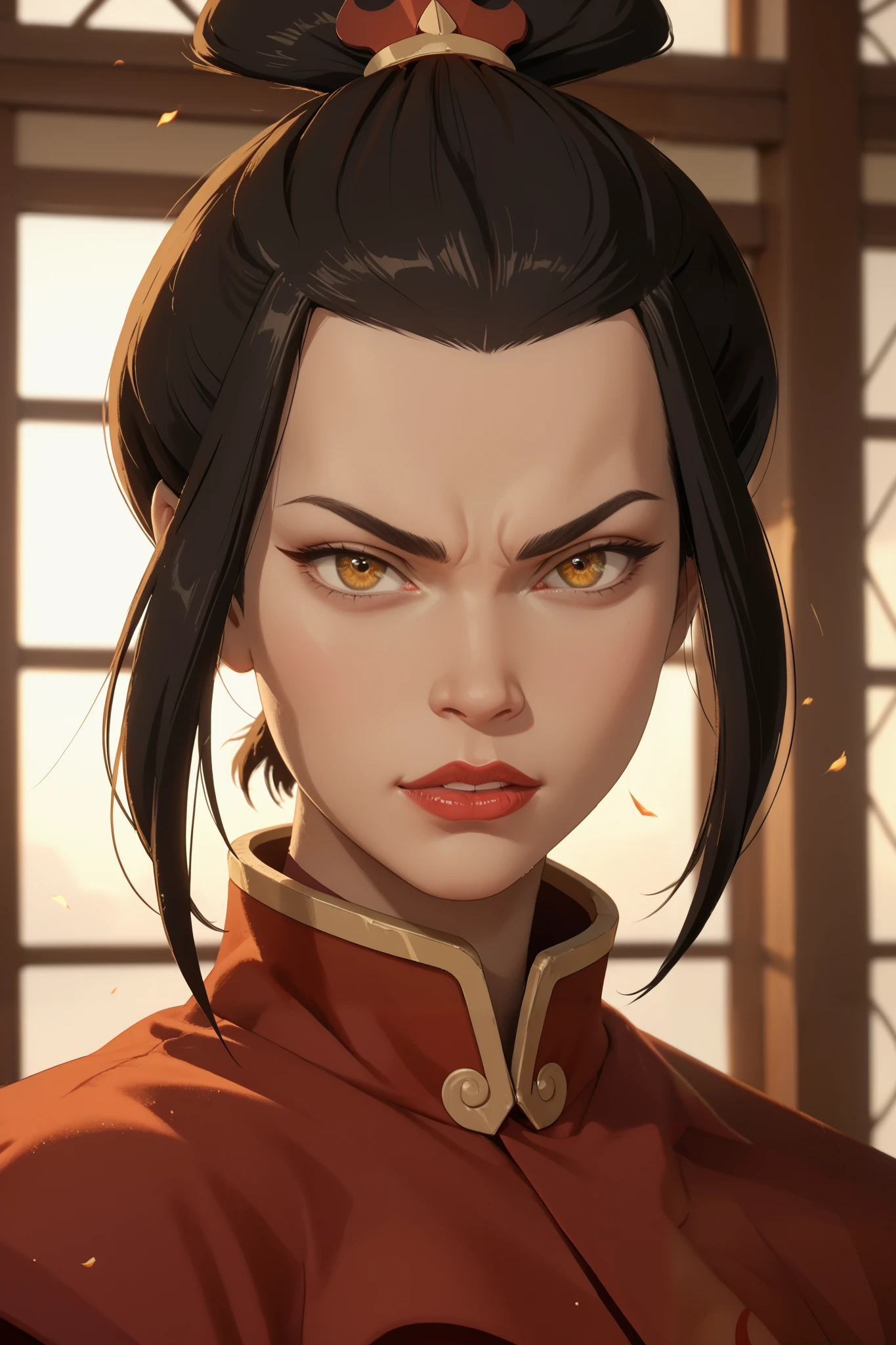 ( masterpiece), envelopes, expressive eyes, Perfect face, detailed face , azula from avatar , partially nude red lipstick , female figure, Beautiful eyes , golden eyes , 4K backlighting, A teenage girl, Very serious expression .