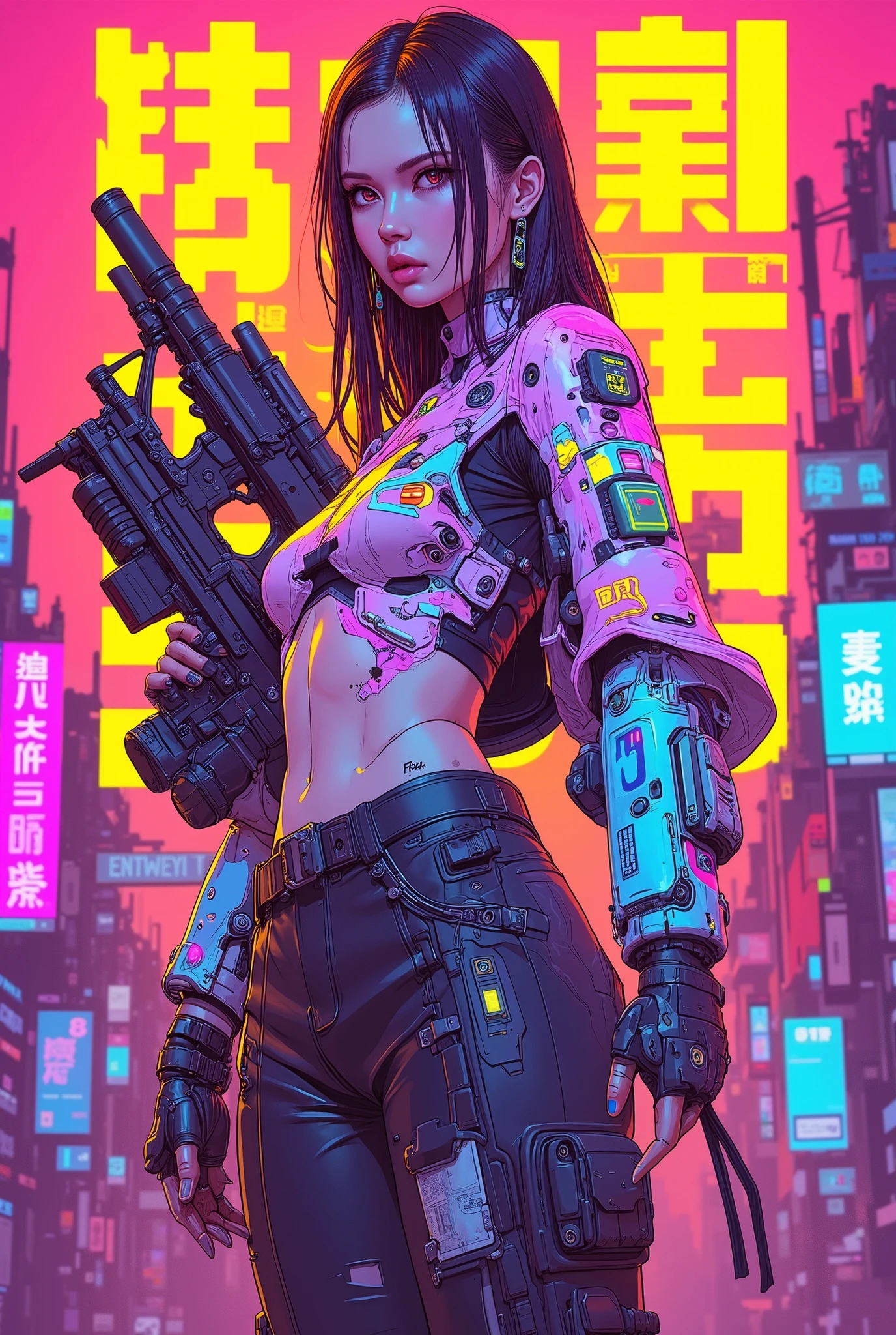((anime art style magazine cover illustration) of (perfect Asian cyberpunk girl holding a rifle))), (((wearing incredibly detailed Harajuku clothing))), ((LED lights)), (((dynamic pose))), warm colours, perfect features, abstract beauty, near perfection, pure form, concept art, intricate detail, 8k post-production, High resolution, super Detail, trending on ArtStation, sharp focus, studio photos.