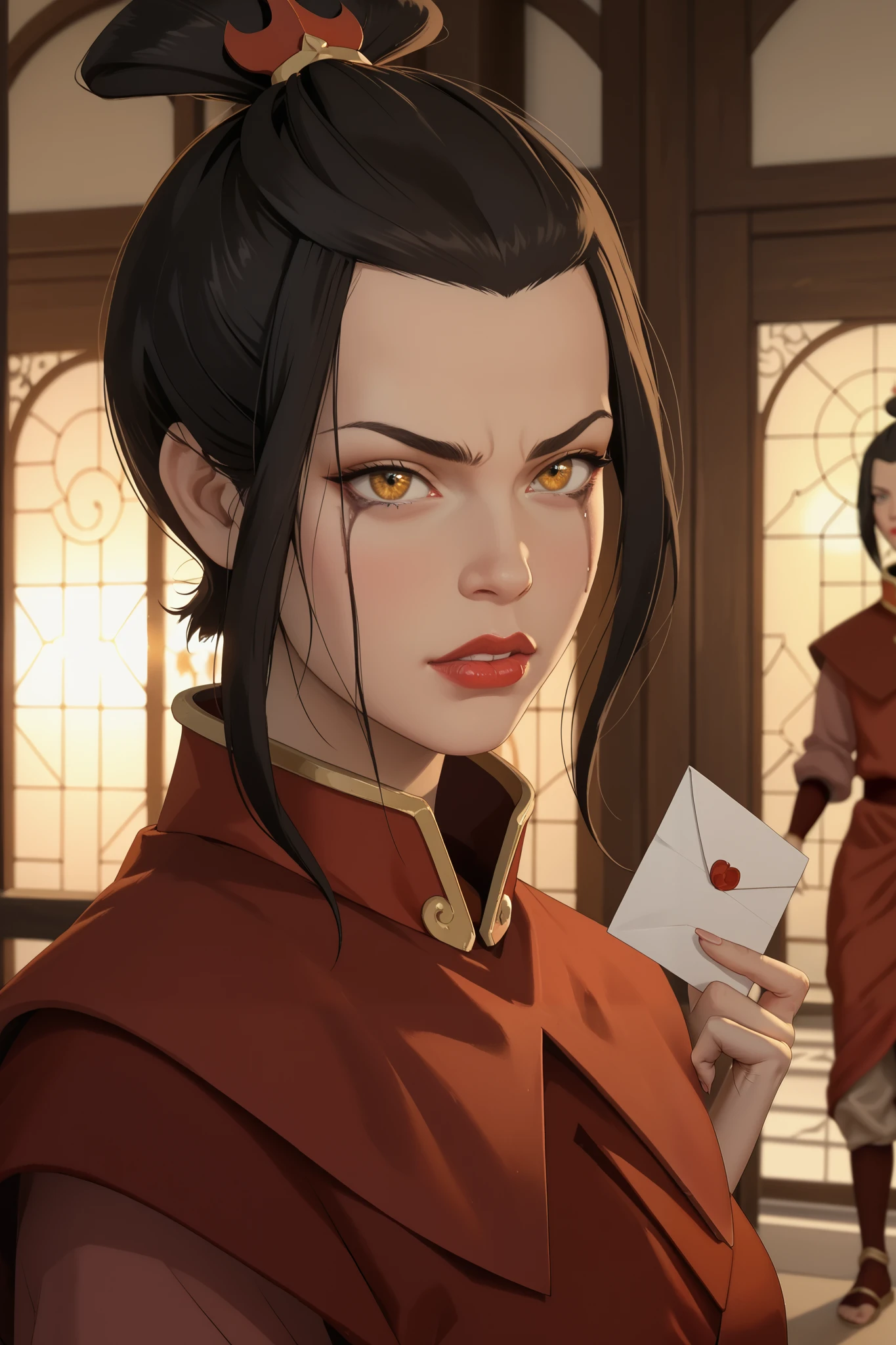 ( masterpiece), envelopes, expressive eyes, Perfect face, detailed face , azula from avatar , partially nude red lipstick , female figure, Beautiful eyes , golden eyes , 4K backlighting, A girl, very sad expression , loose hair, Running makeup and more on, reflecting in a broken mirror.