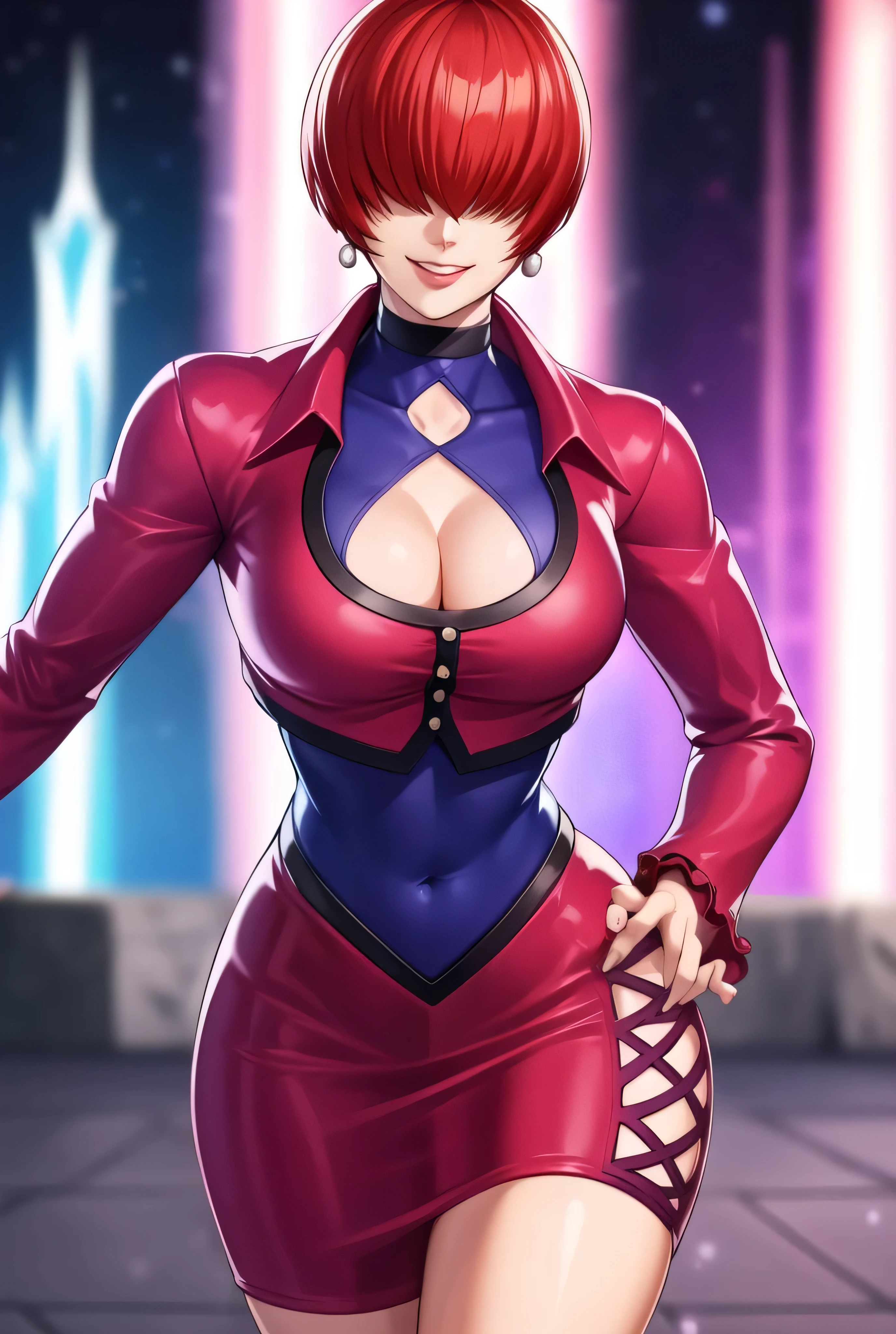 ,
Red outfit,Red jacket,choker, cleavage cutout, clothing cutout,
earrings,
Red hair,bangs,((hair over eyes)),
1 girl, 20yo,Young female,Beautiful Finger,Beautiful long legs,Beautiful body,Beautiful Nose,Beautiful character design, evil face,
looking down at viewer,(Focus on her face),too evil_Smile,
official art,extremely detailed CG unity 8k wallpaper, perfect lighting,Colorful, Bright_Front_face_Lighting,shiny skin,
(masterpiece:1.0),(best_quality:1.0), ultra high res,4K,ultra-detailed,
photography, 8K, HDR, highres, absurdres:1.2, Kodak portra 400, film grain, , bokeh:1.2, lens flare, (vibrant_color:1.2),professional photograph,
(Beautiful,large_Breasts:1.4), (beautiful_face:1.5),(narrow_waist),conceit,smile worst,worst ridecule,evil moukery,hand on hip,upper body,two hand,raiging a lightning