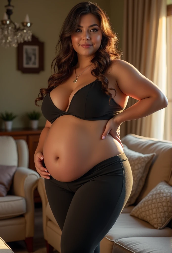 A Indian bhabhi standing with short bra and short pant big breast and showing her nipple and hair is in back and Tongue is outside the mouth and her hand is between the two breast and fatty girl and her weight is 60 lesbian