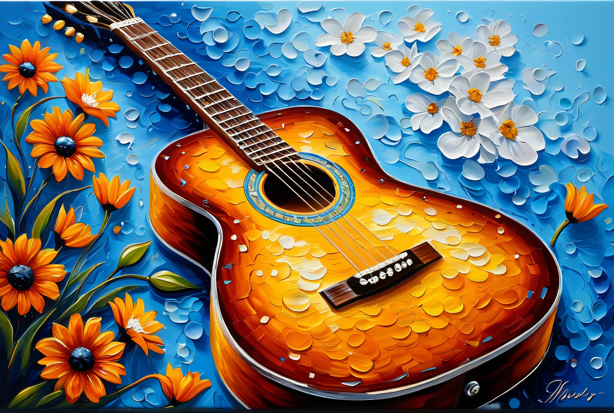 painting of a guitar and flowers on a blue background, artwork, artistic painting, music, wow it is beautiful, detailed and oil painting, incredibly beautiful, detailed artwork, intricate oil painting artwork, stunning painting, detailed impasto, music theme, palette knife painting, music is life, detailed paintings, acrylic art, beautiful art, canvas art, acrylic masterpiece