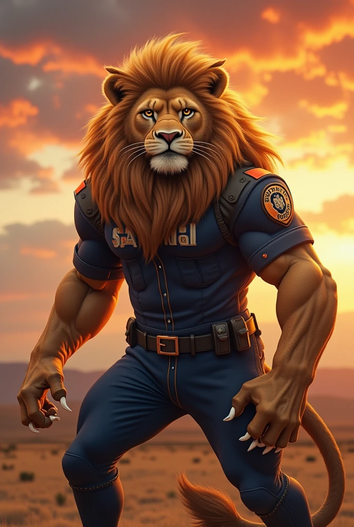anthro, lion, solo, male, adult, veiny muscles, very muscular, buffed body, bodybuilder body, beefy, deep dark blue police pants, war hero, serious look, small eye, furred body, detailed background, wilderness background, clear weather, realistic, photorealistic, ultra realistic, 8k, bare-chested, nipples, black eyes, tight big crotch, shirtless, unbutton deep dark blue police jacket, utility belt, glistening skin, bulge, masterpiece