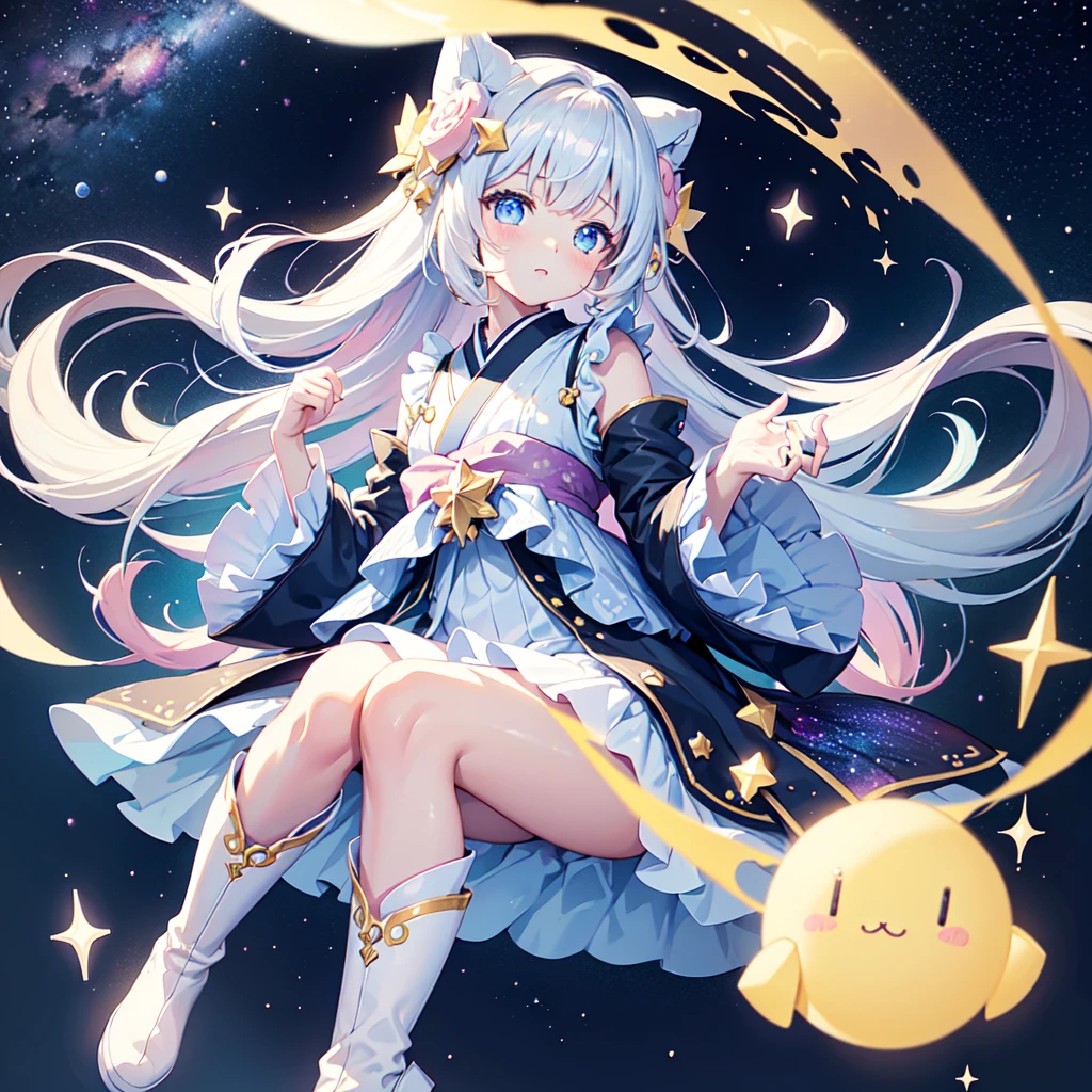 sitting on the crescent moon、A spaceship with a cute rabbit face、Star Fairy、(((1girl)))、lower body shot、Focus on boots、vtuber-halfbody、Star Fairy、「A beautifully printed galaxy patterned kimono and gothic lolita outfit.、Space pattern box pleated mini skirt with ruffles、front portrait、Knee-high boots、enchanting eyes、Perfect and stunning face、exquisite details、clear image、highest quality。」short hair、