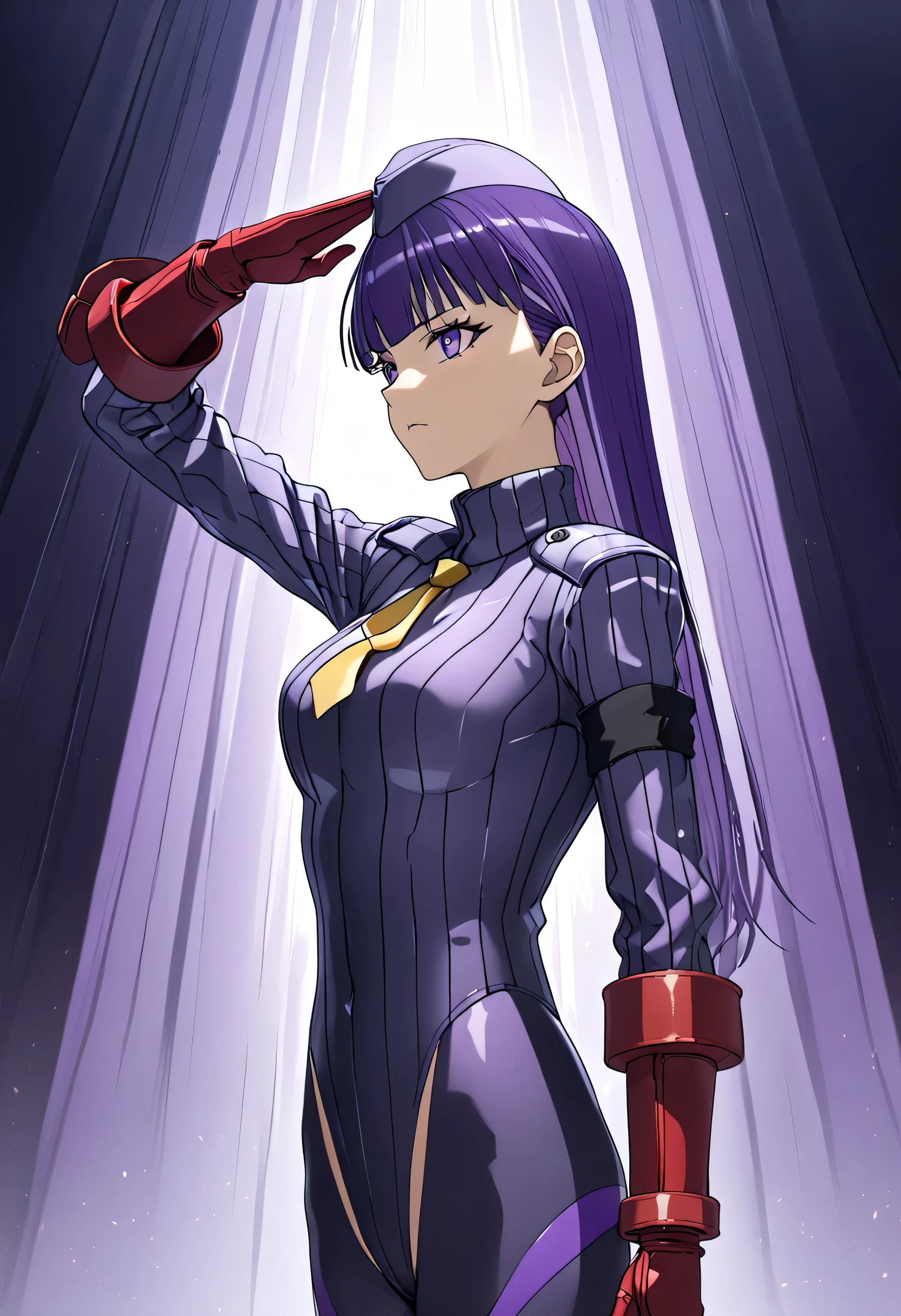 score_9, score_8_up, score_7_up, score_6_up, score_5_up, score_4_up, BREAK source_anime, masterpiece, anime, (masterpiece), (best quality), (ultra-detailed), (best illustration), (best shadow), (absurdres), (detailed background), (very aesthetic), shiny, detailed beautiful eyes, outstanding, countershading, detailed soft lighting, an exquisite animation illustration, 1girl, solo, anheang, Dollsuit, thighthigh, dark persona, empty eyes, expressionless, blank eyes, looking at viewer, red gloves, full body, emotionless, Fighting Stance, hair ornament, medium breast, long hair, purple hair, amputee, mechanical arms, purple eyes, hair flower, hands on waist, floating, secductive pose, submissive_pose, (((salute, saluting, military saluting, from side, looking from side, view from side)))