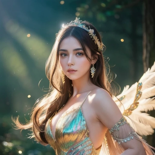 (tmasterpiece, top-quality, Best quality at best, extreme hight detail, extreme hight detail, offcial art, Beauty and aesthetics: 1.2), asiagirl, cocked astor, Waiting to come back, Bare with thighs, upperbody shot, pretty face, Alone, perfect bodies, Fly in the sky, portrait of one girl, Silver gradient hair, brunette color hair, faeries, Ambilight, clouds,Eau, glowworm , the night, starrysky, jewely, feathers on clothes, Peacock feathers, Light particles, Volumetriclighting, Ray traching