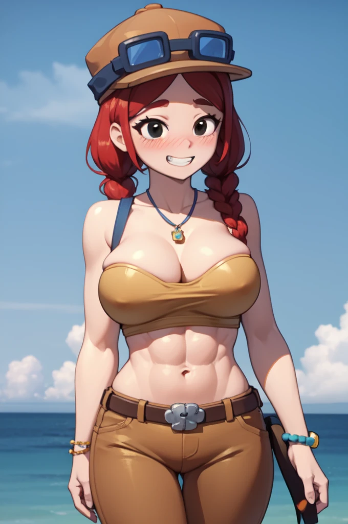 (masterpiece) , (best quality) , (8k wallpaper) , (detailed eyes) , (detailed illustration) , photorealistic , perfect anatomy , cinematic lighting , shading , ranma1/2, ranma-chan, boyish face, super detailed skin , Thick , fat , thick thighs , big breasts , big ass , blue eyes, slant eyes, best quality, ultra-detailed, (illustration), looking at viewer, (extremely delicate eyes:1.3) , (red hair) , short hair , (ponytail) , (((braid))) , ((bangs)) , bumpy bangs , T-shirt , floral print, (extremely detailed top) , (black sports bra under T-shirt) , (straw hat) , denim Hotpants , (extremely detailed) , black-wristbands , beach bag , happy , blush face , embarrassing face , vibrant colour , shadow, contrast, refraction, perspective, depth, good anatomy, stunning details , summer , country road, flower, cloud, strong light coming in , Ranma looks like she's having fun going to the beach on her first date. ,