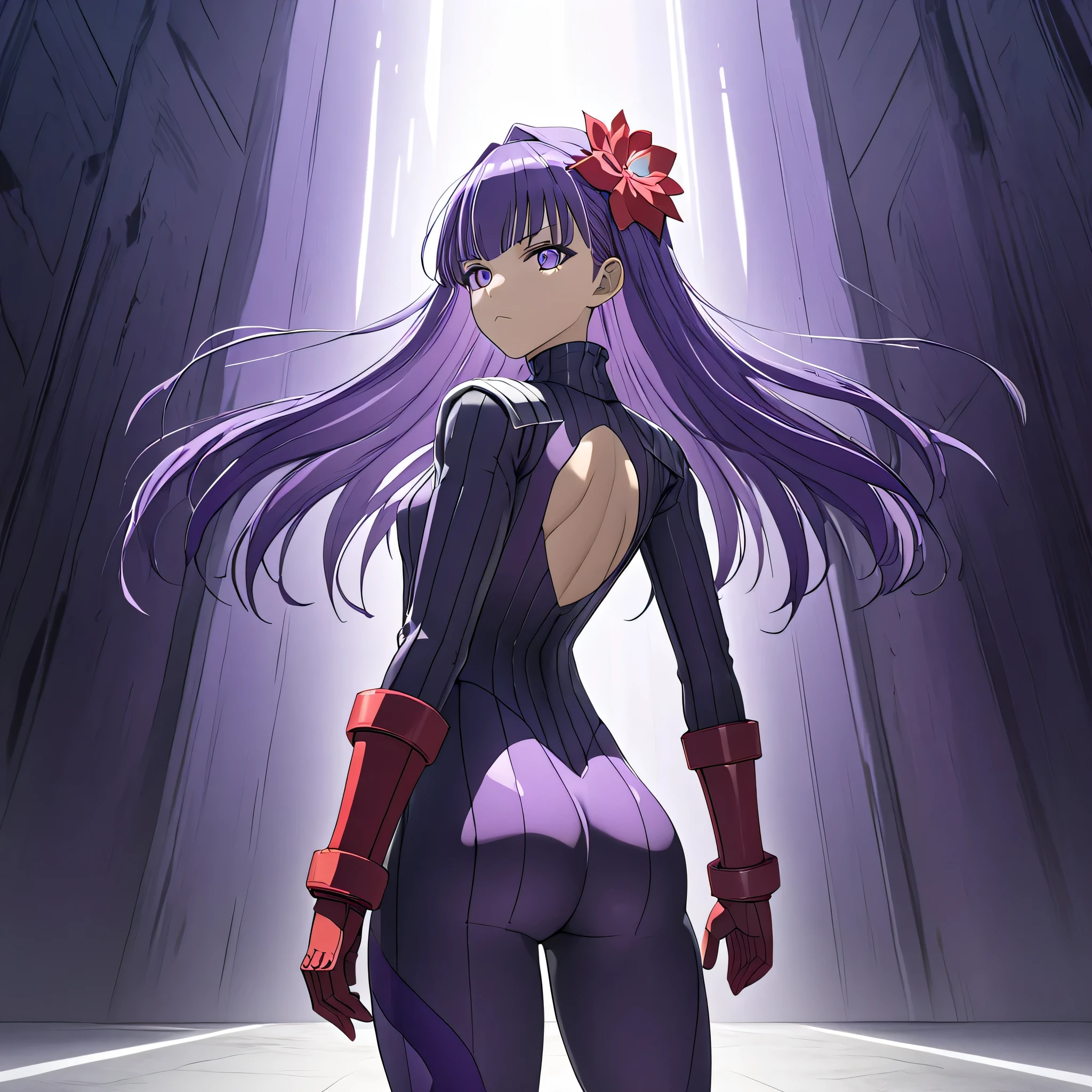 score_9, score_8_up, score_7_up, score_6_up, score_5_up, score_4_up, BREAK source_anime, masterpiece, anime, (masterpiece), (best quality), (ultra-detailed), (best illustration), (best shadow), (absurdres), (detailed background), (very aesthetic), shiny, detailed beautiful eyes, outstanding, countershading, detailed soft lighting, an exquisite animation illustration, 1girl, solo, anheang, Dollsuit, thighthigh, dark persona, empty eyes, expressionless, blank eyes, looking at viewer, red gloves, full body, emotionless, Fighting Stance, hair ornament, medium breast, long hair, purple hair, amputee, mechanical arms, purple eyes, hair flower, hands on waist, floating, secductive pose, submissive_pose, ass, from back, from behind, looking from back, view from back