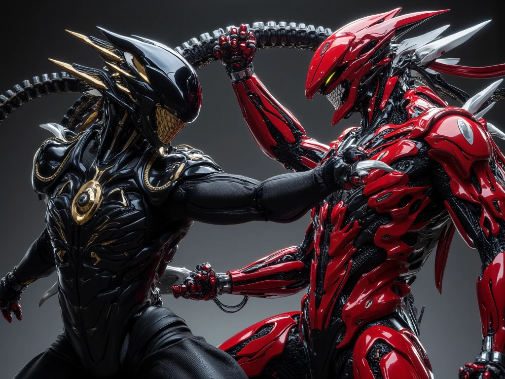 araffes in a silver dress and a red demon in a dark room, still from alita, wearing witchblade armor, transparent body, carnage, by Eizō Katō, cybernatic, body made of glass, speculative fashion, crimson attire, liquid interface --ar 16:9 --auto --s2