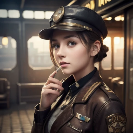 1 girl, Pilot Cap , Alone, steam punk, station, , steam, cigarette, Masterpiece, very detailed on trends , high resolution, 8k resolution, best quality ,
