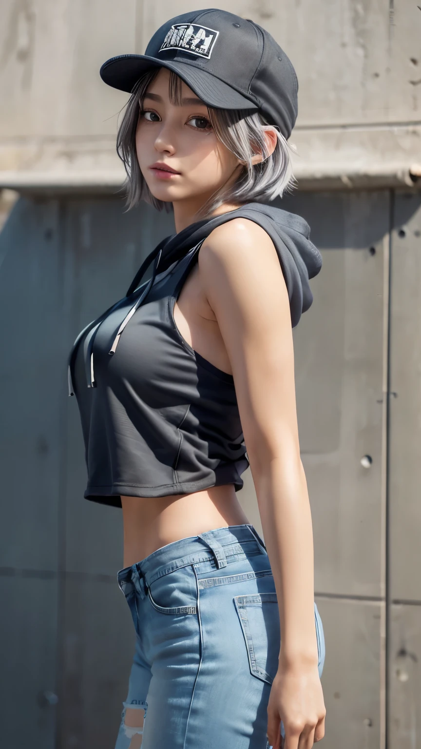 masterpiece, Highest quality, Very detailed, 8K, Realistic, One Girl, alone, Tomboy, Very detailed face, (head shot:1.5), Standing in front of a wall covered in hip hop graffiti, Pixie cut white hair, He is wearing a short tank top and an open-zipped hoodie..,I can see your chest,Nice ass,Wear a New Era cap,Facing forward