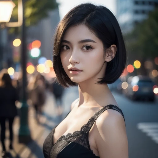 (Half-length photo,streetlight,moon),masterpiece, 1 Girl, Solo exhibitions, Beautiful woman on the busy street, Surrounded by vendors, Beautiful goddess girl portrait, Beautiful and detailed face, Porcelain skin, (((Half-length photo, center, night, Black Hair, short hair)), Super soft light, symmetry, complex, grace, High Detail, realism, Art, concept Art,