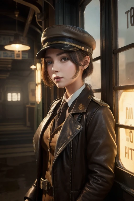 1 girl, Pilot Cap , Alone, steam punk, station, , steam, cigarette, Masterpiece, very detailed on trends , high resolution, 8k resolution, best quality ,