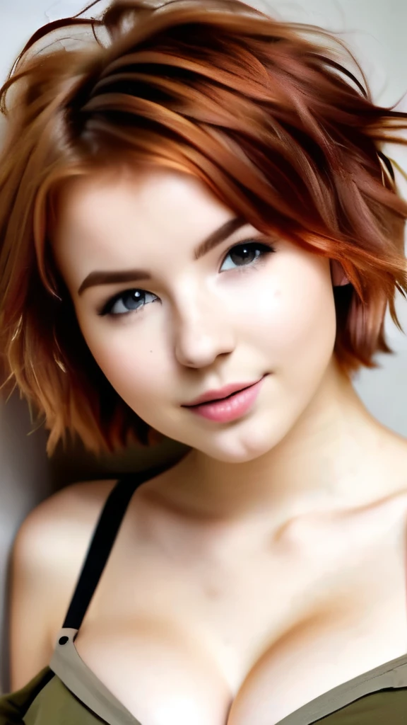 A cute redhead girl, age short messy hair ,show breast, cleavage, brown clothes.