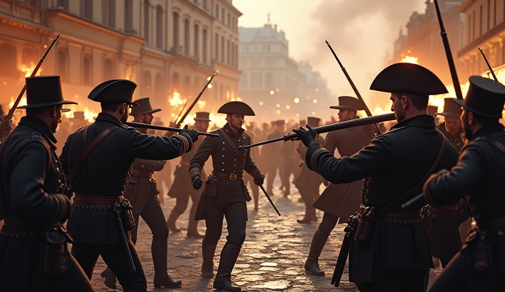 a mob throwing stones and other objects at the King's guards in the French Revolution