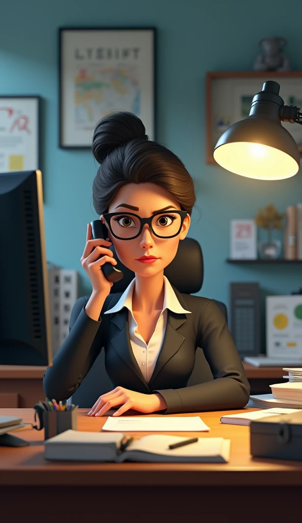 A telemarketer talking on the  ,  phone she is at an office desk in front of a computer ela está séria.  Disney Pixar style image