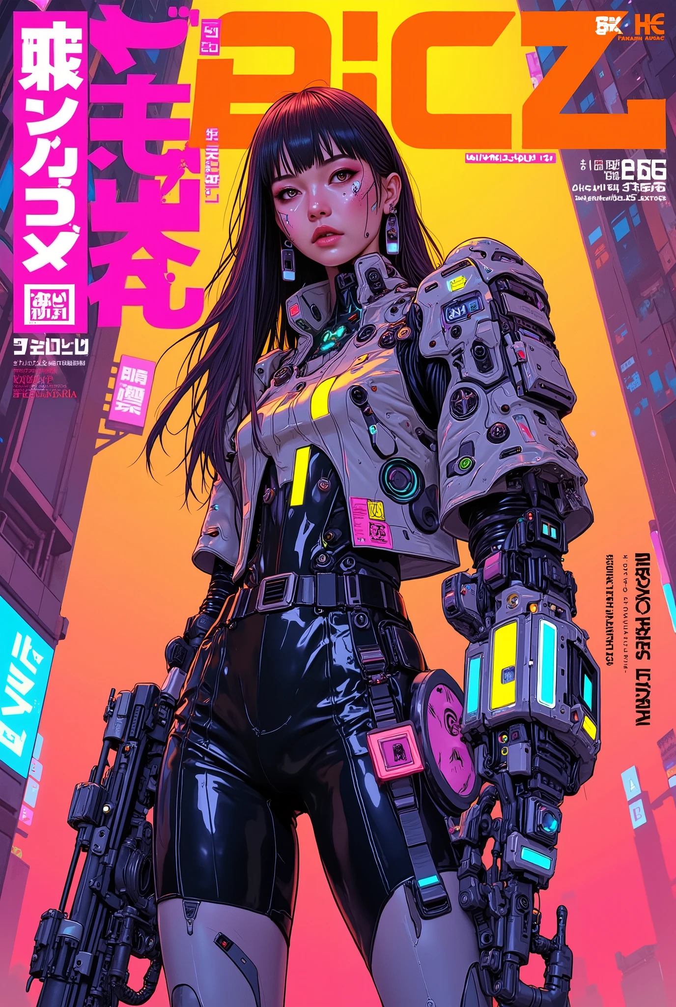 ((anime art style magazine cover illustration) of (perfect Asian cyberpunk girl holding a rifle))), (((wearing incredibly detailed Harajuku clothing))), ((LED lights)), (((dynamic pose))), warm colours, perfect features, abstract beauty, near perfection, pure form, concept art, intricate detail, 8k post-production, High resolution, super Detail, trending on ArtStation, sharp focus, studio photos.