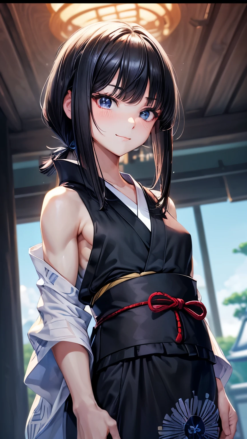 ((perfect anatomy:1.2,realistic:1.3,RAW Photography:1.,masterpiece、highest quality、Ultra - High resolution、High resolution、Highly detailed CG、8K)),cowboy shot,1 female,solo、18 year old beauty,Japanese,((beautiful detailed face and eyes:1.3,big gorgeous eyes:1.3,gray eyes:1.3)),long hair,straight hair,blunt bangs,blush,,((medium breasts,slender body,small head:1.3,skinny)),((sweat:1.5)),(Holding a Japanese sword in one hand:1.5),,(ninja uniform、Black kimono、Sleeveless、Black mini skirt、Deep slit),Port warehouse district、container,moonlight、at night、