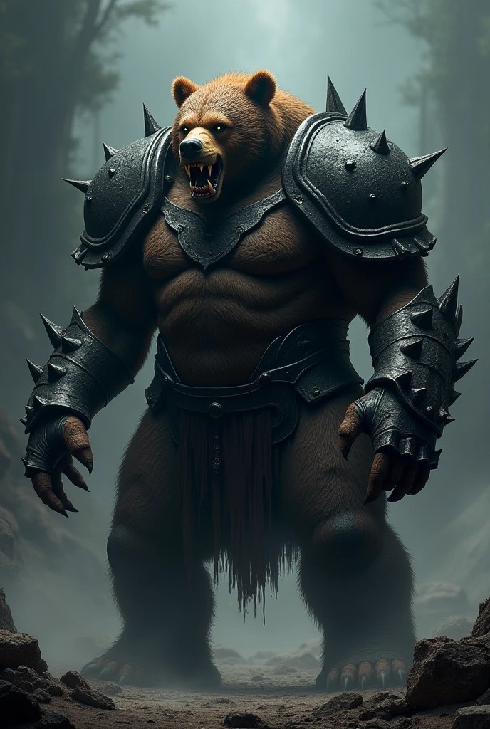fierce, bestial, furious, a gigantic brown bear, wearing black armor with black details, walks with a menacing look displaying sharp claws, in a dark forest, (dark fantasy tendency Lv 9) (RAW quality Lv 9) (front view Lv 9) (menacing beast Lv 9) photogenic, cinematic, dramatic, masterpiece,
