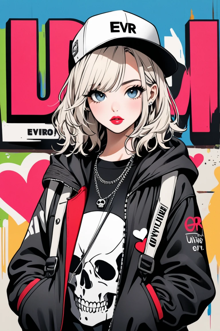 Black Star Red and White style, Simple Line Initialism,Abstract art,Urban Background, (((The most beautiful girl of all time))), Sweet face. Lips in love, colorful hearts, stylish design