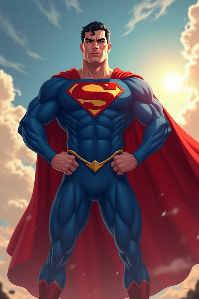 Create for me a hero with a blue uniform, red arms, a man with a cape, put a u symbol on his chest.