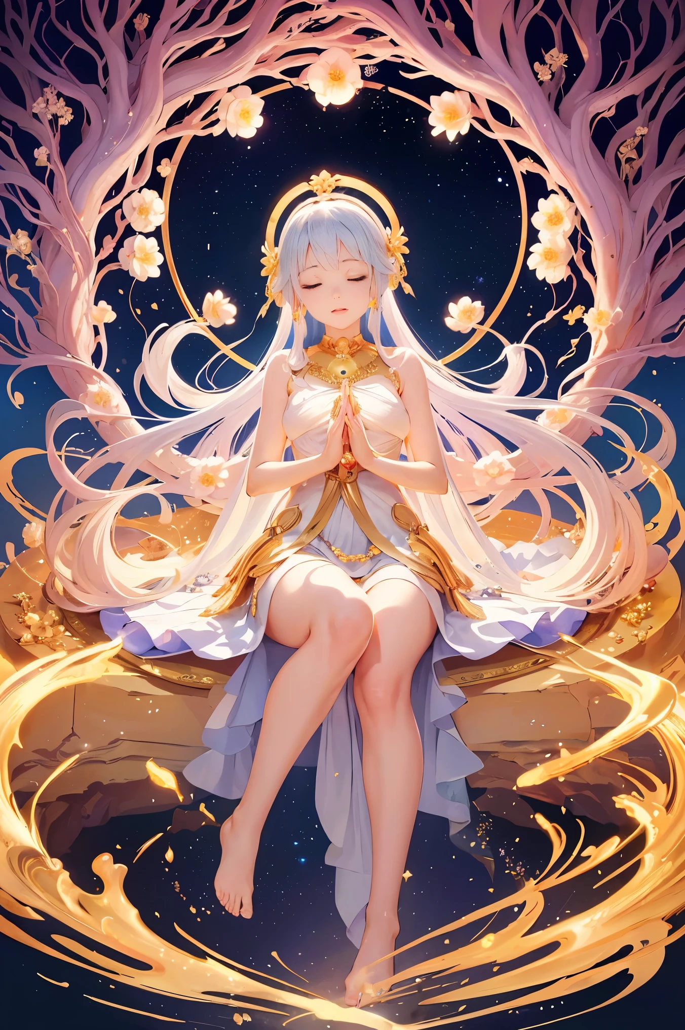 Goddess of immortality with very delicate features, meditate with your legs crossed. Her body is partially covered with a pale cloth. After Her, Golden magic circle spins. A magical aura surrounds her. The scene is full of enchantment and a sense of fantasy. background、There is a galaxy with 4 elements (fire, water, air, Earth) Swirling around it. The images are of the highest quality, 8k resolution, Ultra-detailed and photorealistic visuals on display.