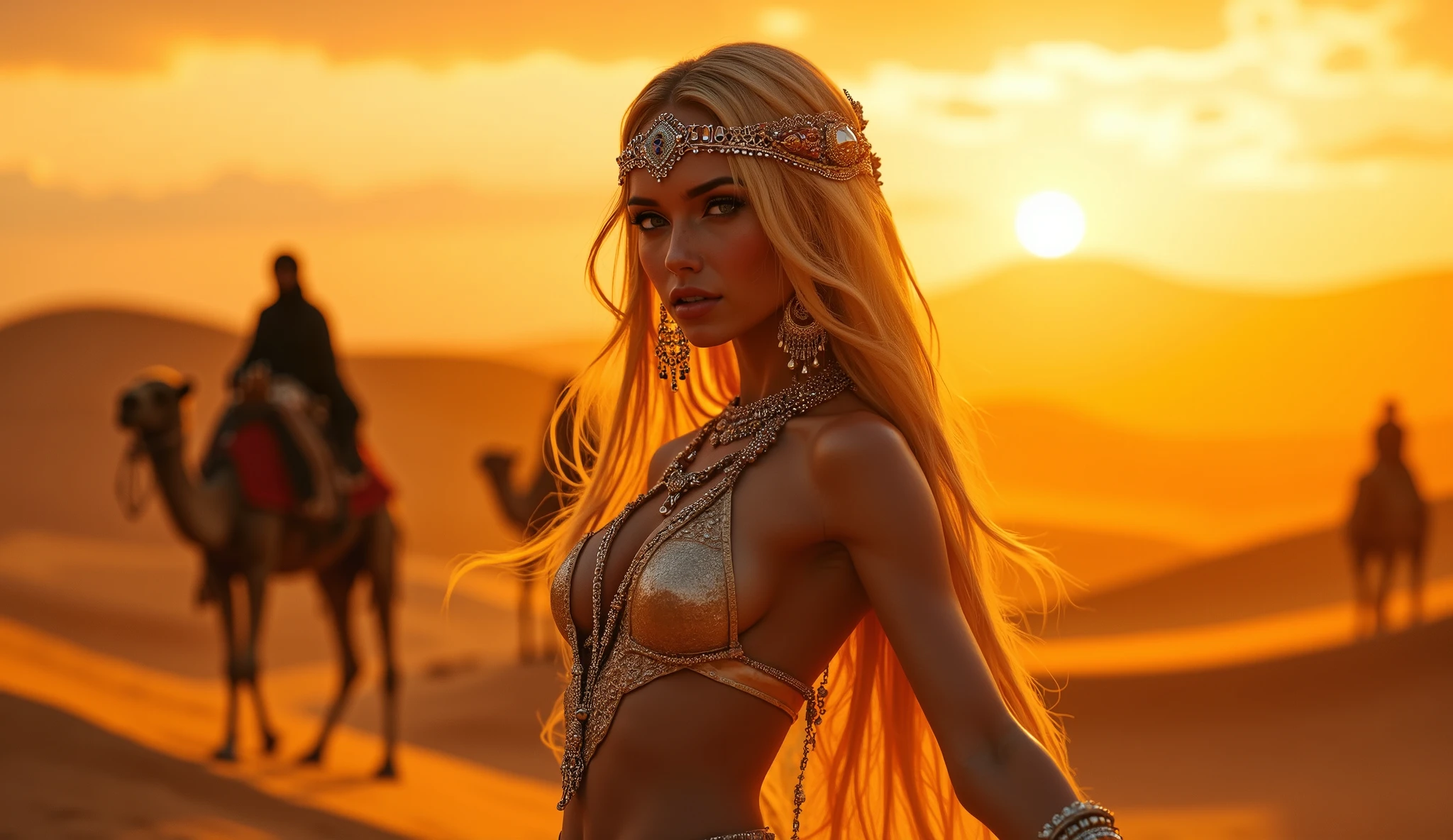 transition to a desert landscape at sunset, a lonely figure, cleopatra style, whole body, araffada muscular woman, a beautiful woman emerges wearing cleopatra style, post-apocalyptic Cleopatra clothing. Cleopatra accessories, and a worn appearance create an aura of survival and resistance.. Amazing beauty, Amazing beauty, attractive face and body, Attractive woman, a beautiful brunette, beautiful blonde girl, Lovely woman, beautiful woman, hermosa beautiful woman, Beautiful blonde woman, beautiful body and face, beautiful detailed body and face, a beautiful young woman, neckline,