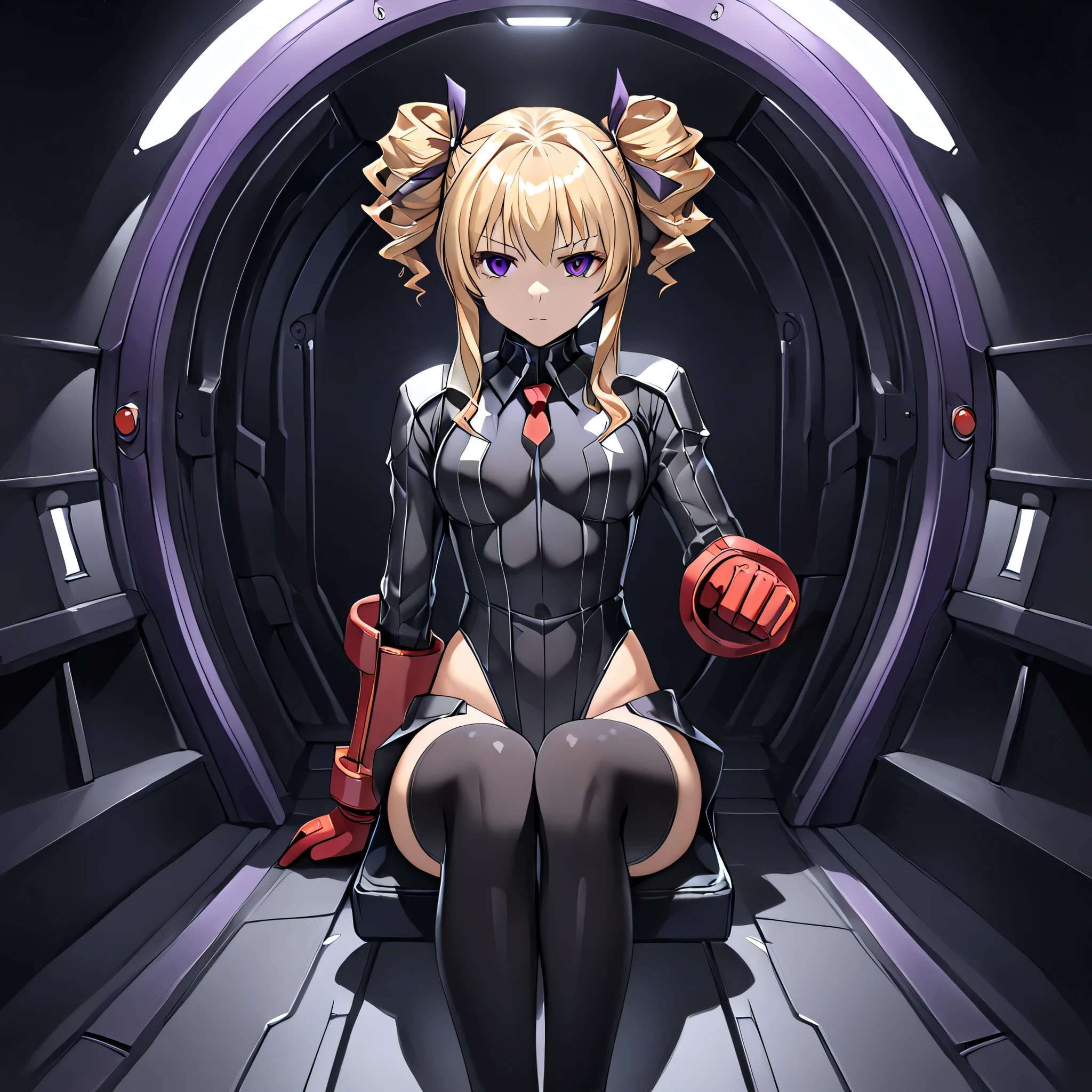 anime, (masterpiece), (best quality), (ultra-detailed), (best illustration), (best shadow), (absurdres), (detailed background), (very aesthetic), shiny, detailed beautiful eyes, outstanding, countershading, detailed soft lighting, an exquisite animation illustration, 1girl, solo, anheang, Dollsuit, thighthigh, dark persona, empty eyes, expressionless, blank eyes, looking at viewer, red gloves, full body, emotionless, Fighting Stance, hair ornament, f_ko, blonde hair, twin drills, drill hair, purple eyes, sidelocks, hair ribbon, medium breasts, headset, thighhighs, zettai ryouiki, interior space ship, sitting, crossed legs,