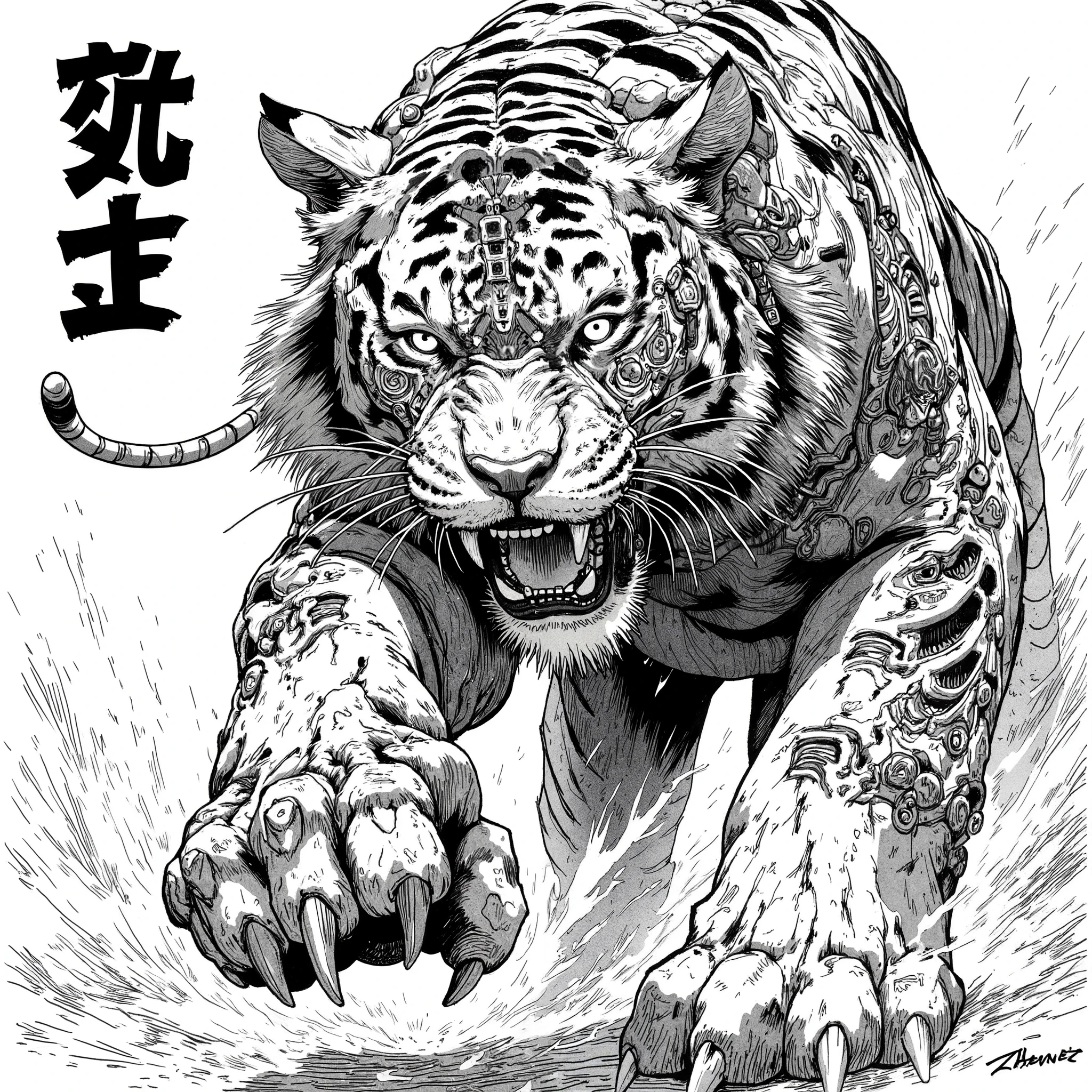 A close-up sketch of a cyberpunk tiger, with half of its face mechanical, featuring intricate cybernetic details, while the other half showcases tribal markings and patterns, blending futuristic and ancient aesthetics. The tiger’s muscular body is visible, with its front paw raised, as if preparing to strike with its sharp claws, adding a sense of action and tension to the scene. The drawing is in a black and white rough manga style, inspired by Kentaro Miura and Sugimura Jihei, with sharp and expressive linework. The composition emphasizes the intensity and power of the tiger, reminiscent of the dynamic style seen in Black Lagoon and Trigger anime. Its expression is fierce, with the raw and detailed aesthetic of classic manga illustrations, capturing the fusion of cybernetic and tribal elements in a bold and striking way. The tiger’s body and movement enhance the energy of the scene, making it feel alive and ready to pounce