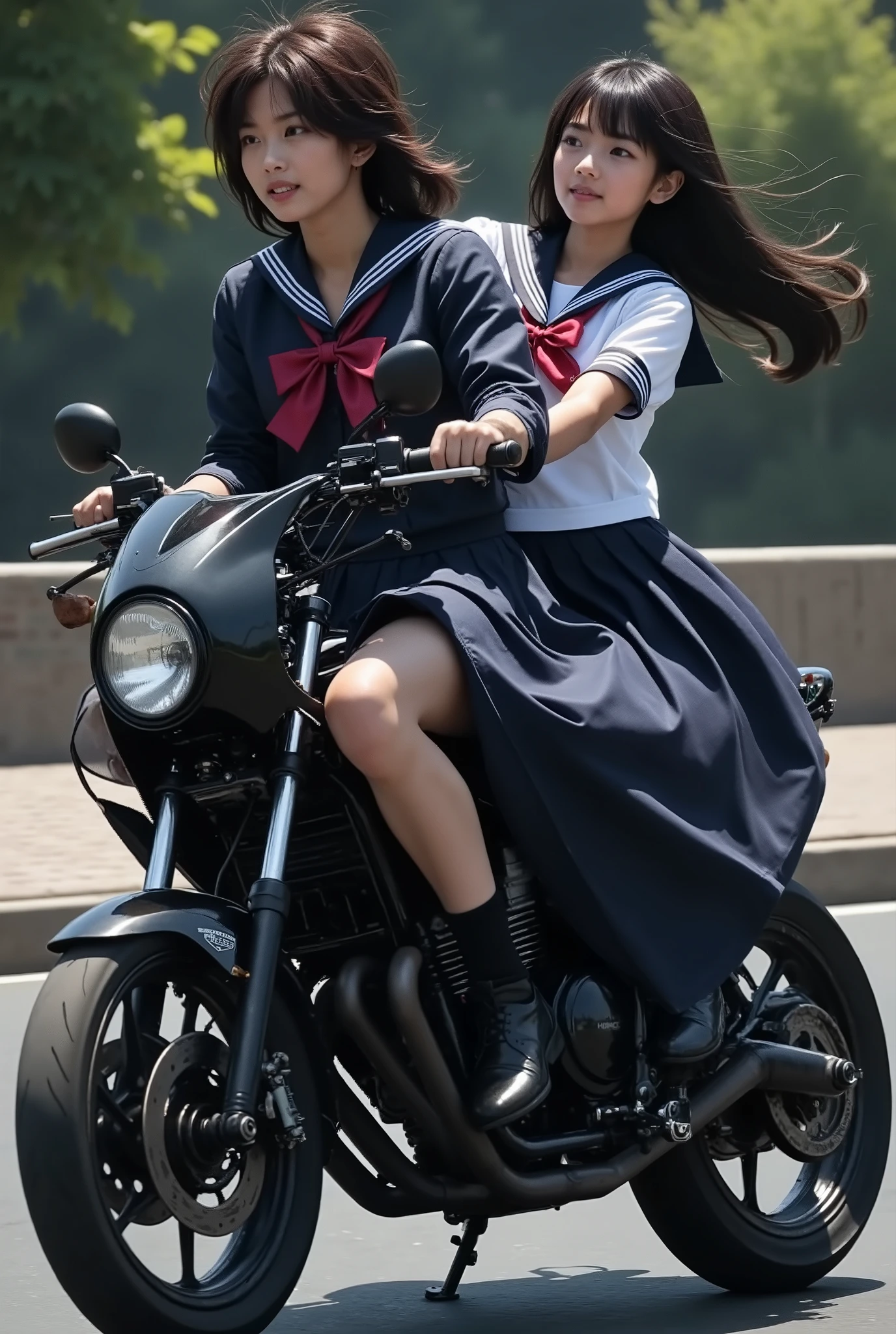  DOCUMENTARY PHOTOS,  realistic,  dramatic scene,   Very Beautiful Japanese High School Girl  , cute woman but Bad boy,  beautiful white clear skin  , ( 非常に長い黒いスカートの sailor suit ),  red ribbon , Sera Clothing,  sailor suit ,  white shirt, Wearing loafers, punk rock styled mature Bad boy,   brown short curly hair  ,  red lips, Bad boy, ( they are suffering  ),  Slim Waist ,  She is riding on a running motorcycle。The wind flips up her skirt and I can see her underwear 。
