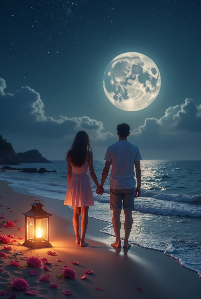 A girl kneeling in front of her boyfriend, crying, at night, under the moonlight, with clouds surrounding the moon, illuminating the night, her boyfriend sitting on a rock with his back turned to her. (best quality,4k,8k,highres,masterpiece:1.2),ultra-detailed,(realistic,photorealistic,photo-realistic:1.37), emotional, dramatic, intimate, moonlit scene, tear-streaked face, expressive eyes, sorrowful expression, flowing hair, intimate connection between the couple, dark and mysterious atmosphere, soft lunar glow, gentle moonlight reflecting off their faces, aching heart, raw emotions, nuanced shadows and highlights, subdued colors, romantic, longing, melancholic, heavy clouds swirling ominously, distant twinkling stars, silent night, powerful silence, depth of emotions, heartbreak.