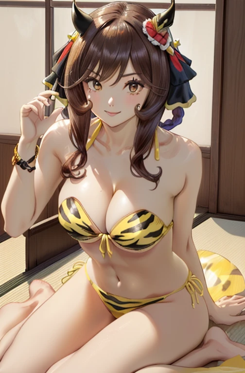 standing, solo, 1girl, mature female, clothes((frilly, bikini, yellow bumblebee)), sideboob, large breasts, areola slip, cleavage, leaning forward, hanging breasts, curvy, hands on table, arms down, looking at viewer, blush, parted lips, light smile, long black hair, black colour hair,