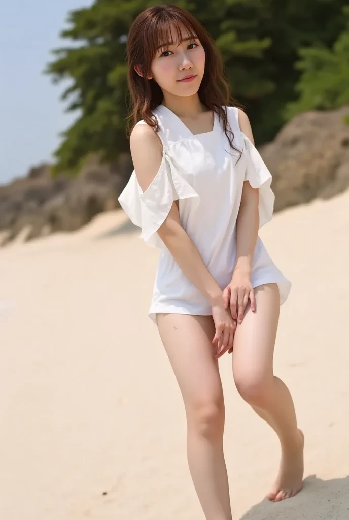 ((Top image quality、RAW shooting、​masterpiece:1.3))、(Hide naked with your hands:1.8)、Hide with your hands without panties、No underhair、(casual hairstyle、Breeze in the wind、Super Detail Large:1.4)、Face with super detail、Delicat eyes、二重まぶた、innocent smiles、Soft breasts、kindly smile、(耳Nipple Ring)、(E Cup Girl、23 years old Looks 18 years old)、(A small uninhabited island beach in a tropical country)、Blue eyes、